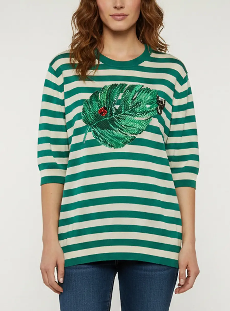 Dolce & Gabbana Green/White Striped Leaf Embroidered Knit T-Shirt M