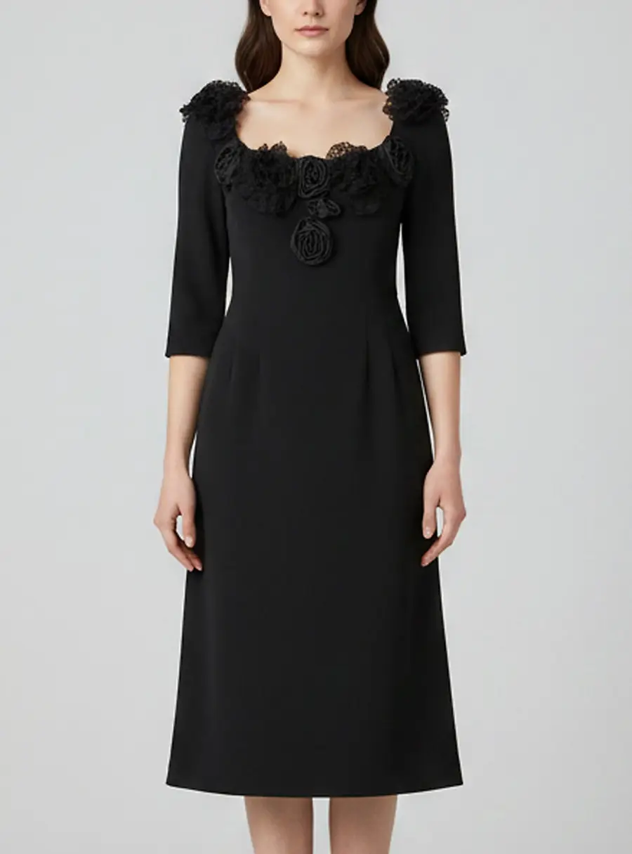 Dolce & Gabbana Black Floral Applique Crepe Scoop Neck Midi Dress M