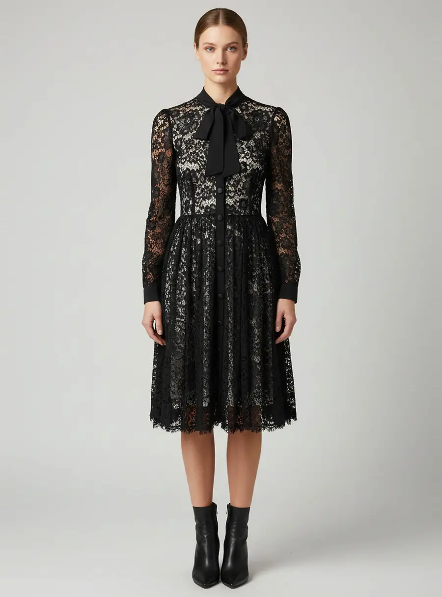 Dolce & Gabbana Black Lace Button Down Midi Dress S