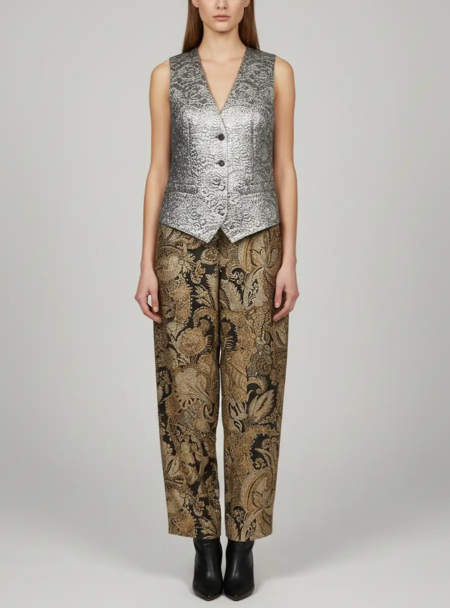 Dolce & Gabbana Silver/Gold Metallic Floral Jacquard Vest and Pants Set S/M