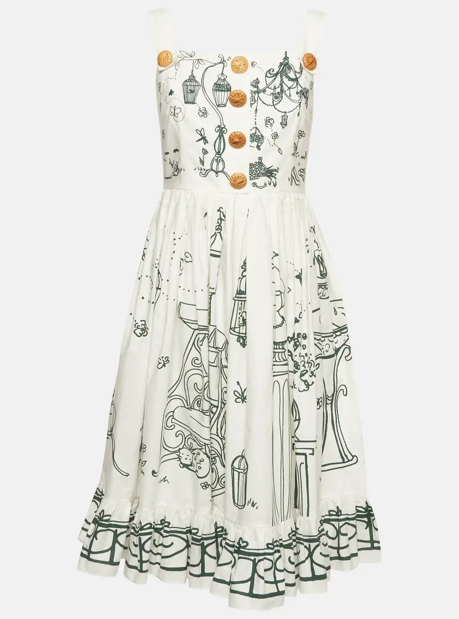 Dolce & Gabbana White Botanical Garden Print Poplin Flared Dress M