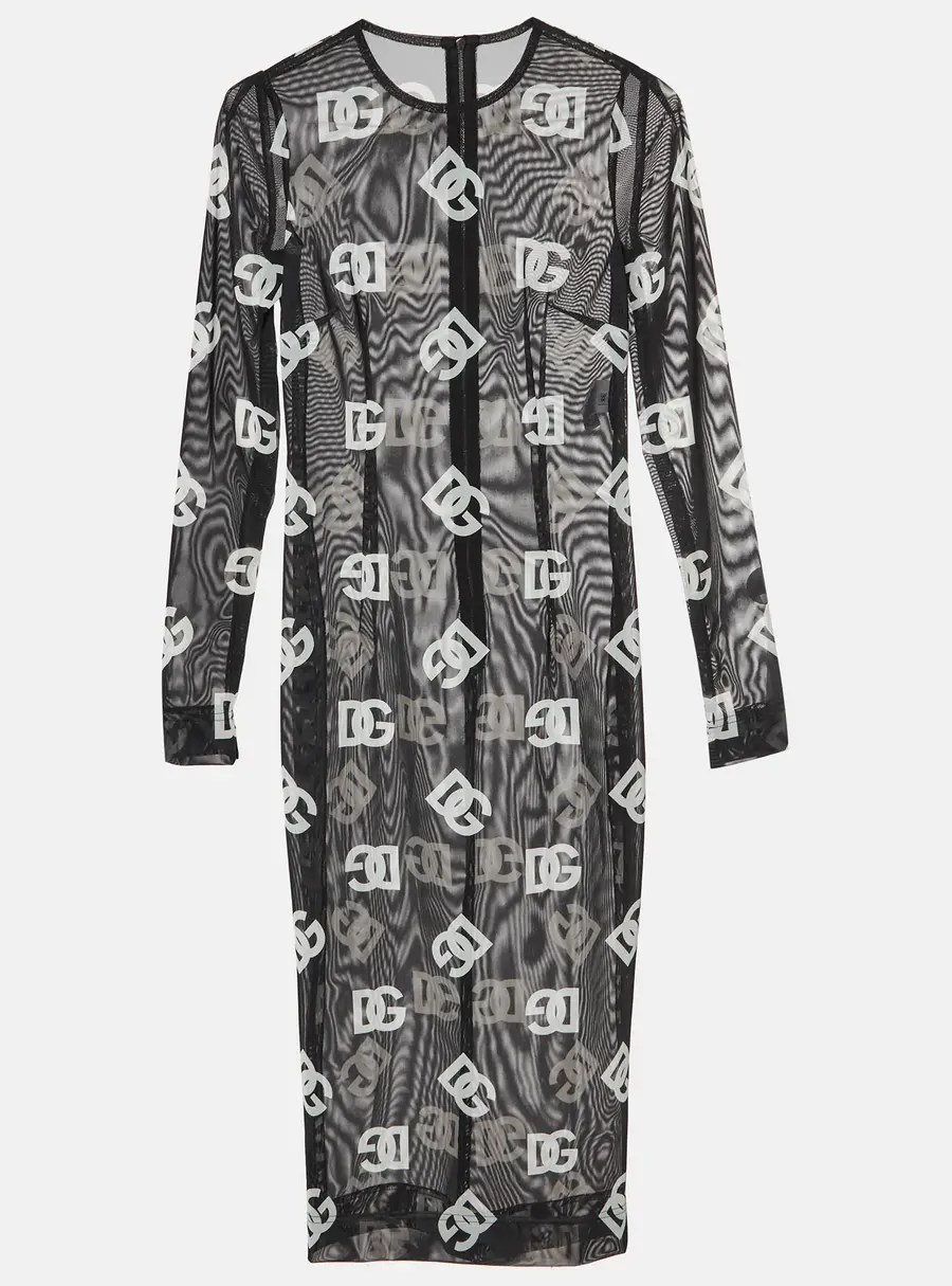 Dolce & Gabbana Black/White Logo Print Mesh Midi Dress S