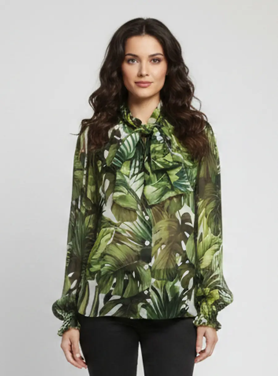 Dolce & Gabbana Green Leaf Print Chiffon Neck Tie Blouse S