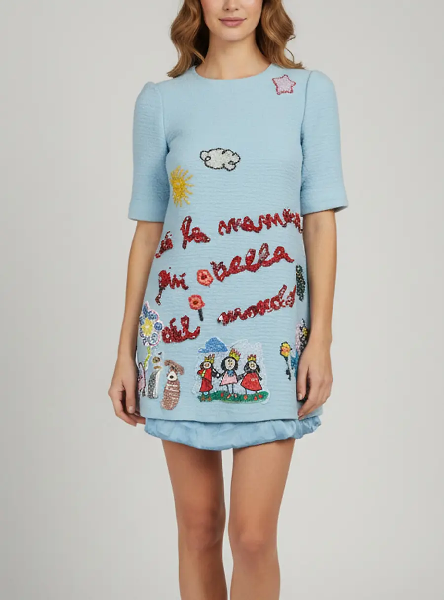 Dolce & Gabbana Blue Embroidered Wool "Viva La Mamma" Mini Dress M
