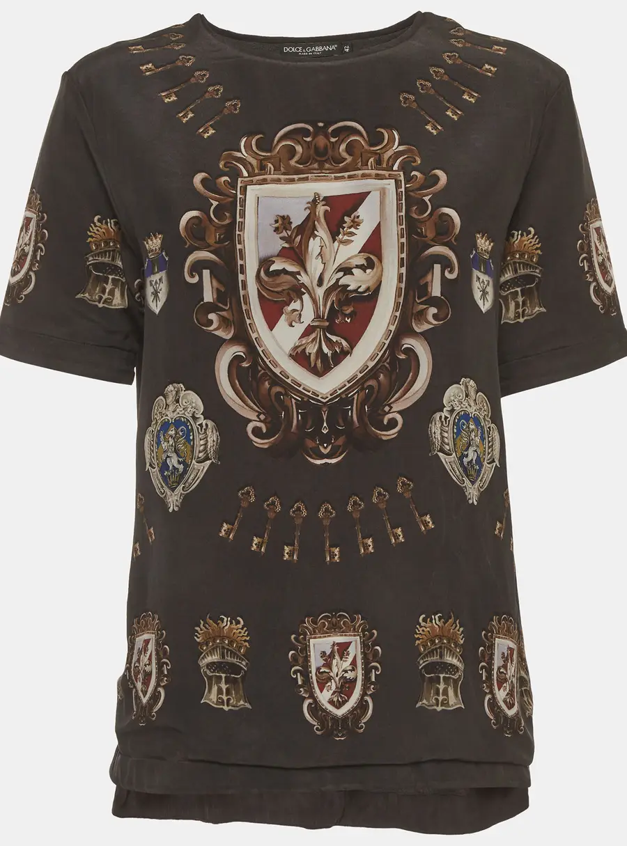 Dolce & Gabbana Grey Heraldic Crest Print Silk Chiffon T-Shirt M