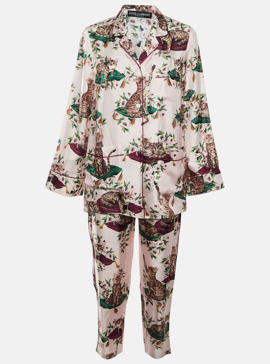 Dolce & Gabbana Pink Floral & Cat Printed Silk Pajama Set S
