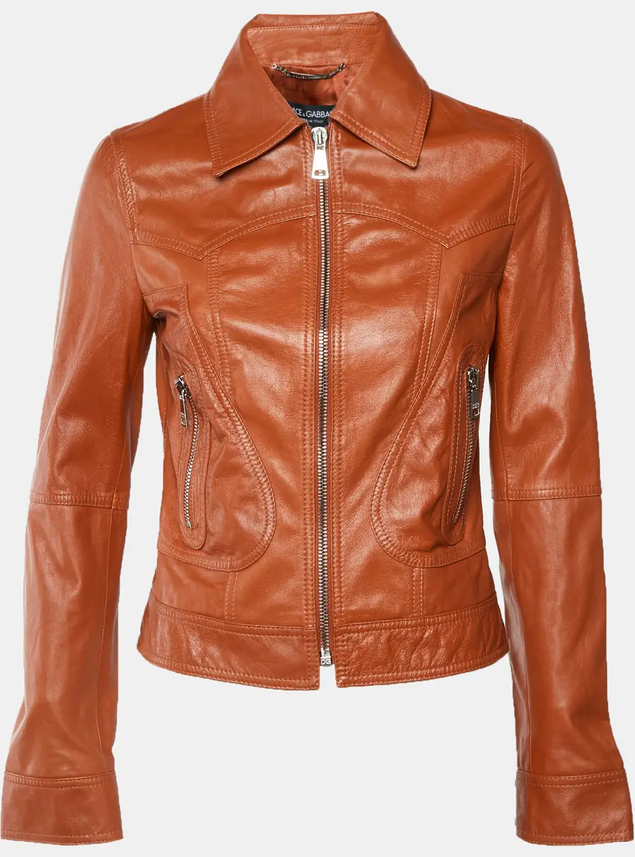 Dolce & Gabbana Burnt Orange Leather Zip-Up Jacket M