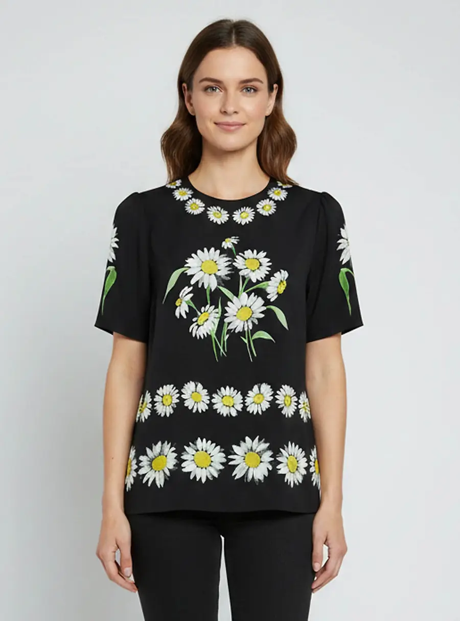 Dolce & Gabbana Black Daisy Print Silk Short Sleeve Blouse L