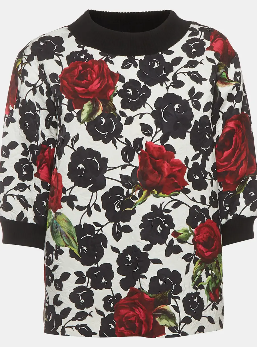 Dolce & Gabbana White Floral Print Jacquard Crewneck Top M
