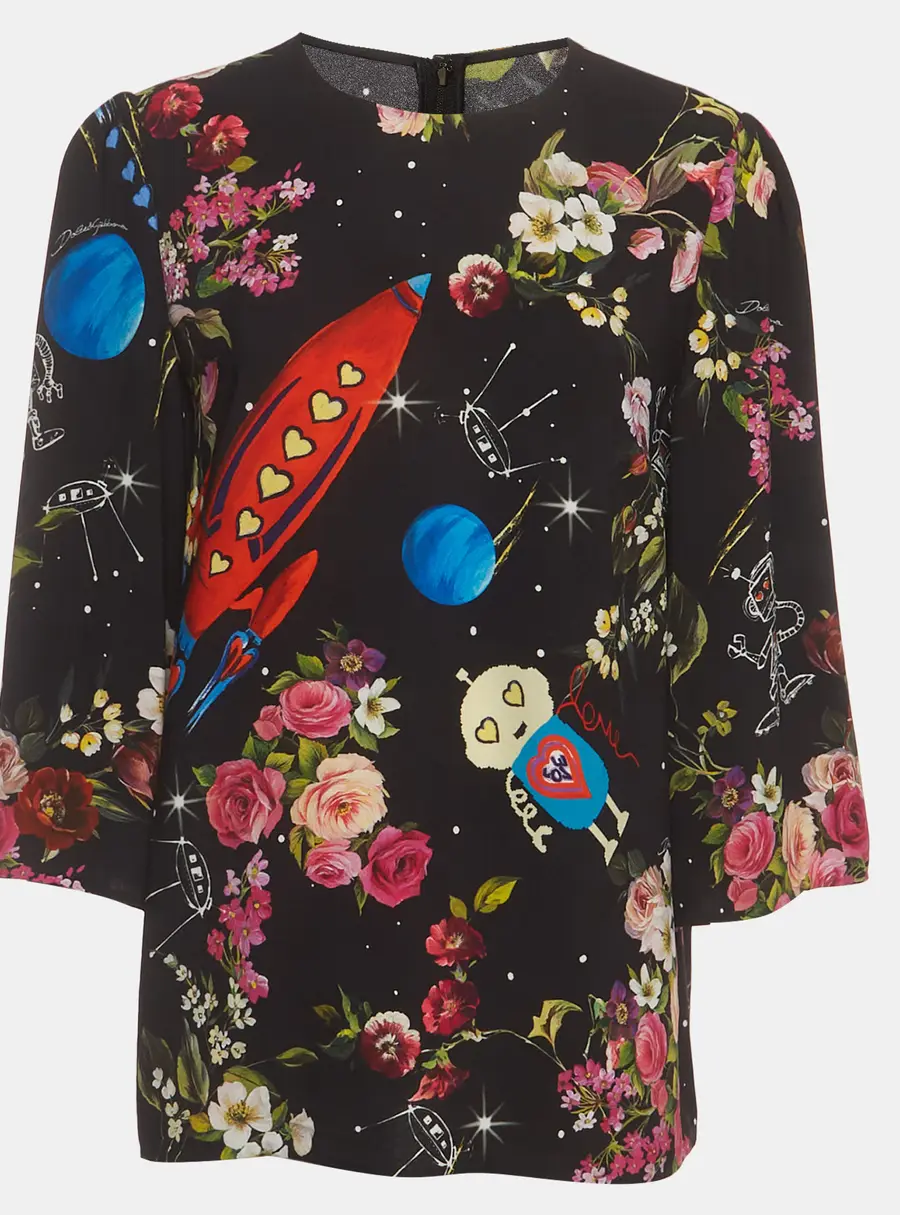 Dolce & Gabbana Black Printed Crepe Long Sleeve Top L