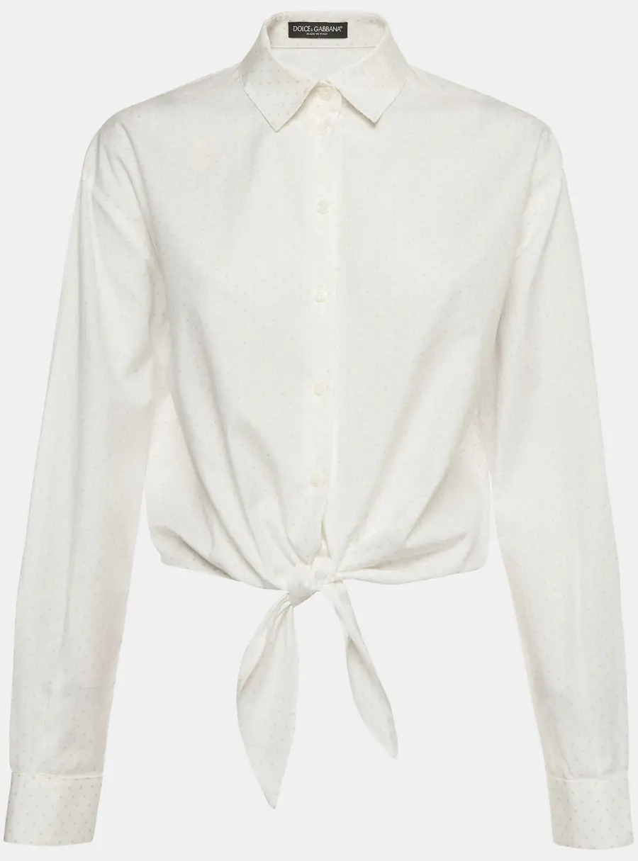 Dolce & Gabbana White Polka Dot Print Cotton Tie Blouse M