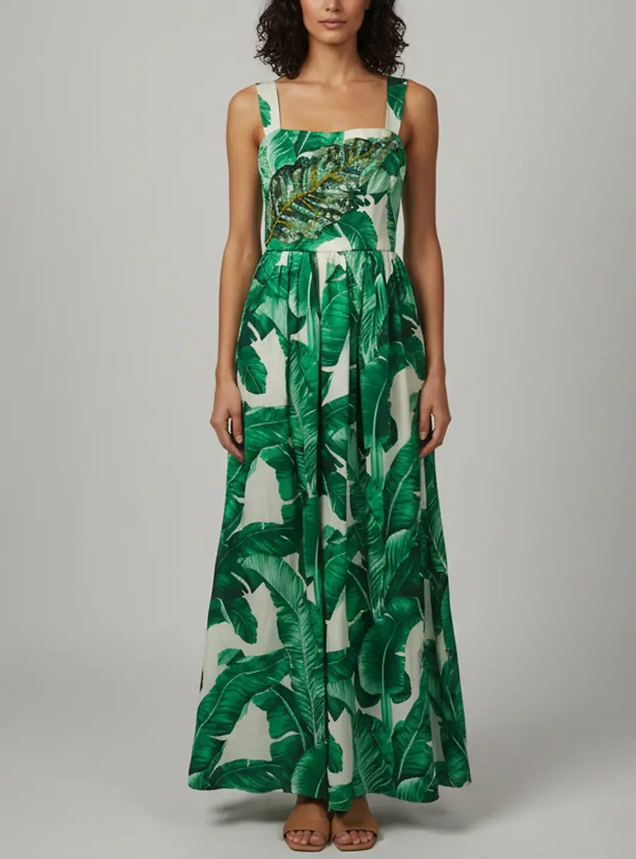 Dolce & Gabbana Green/White Palm Leaf Print Silk Embellished Gown M