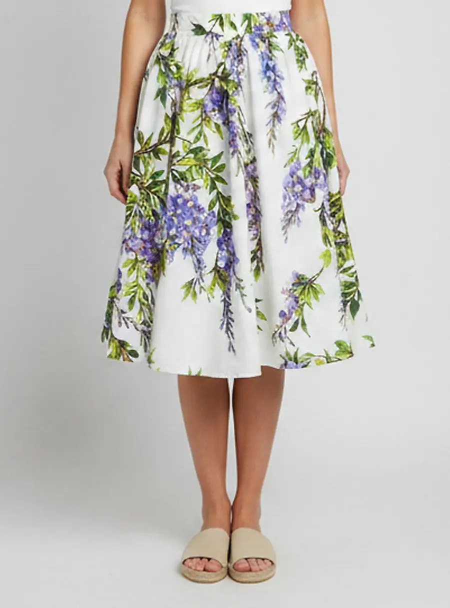 Dolce & Gabbana White Wisteria Print Cotton Flared Skirt M