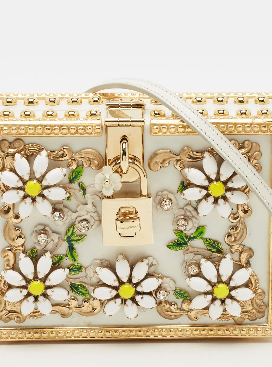 Dolce & Gabbana Locket Box White/Gold Acrylic Crystal Embellished Clutch Bag