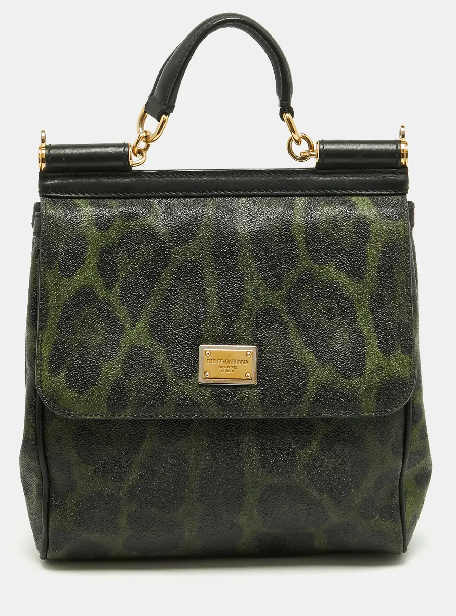 Dolce & Gabbana Miss Sicily Green/Black Leopard Print Coated Canvas and Leather Tote