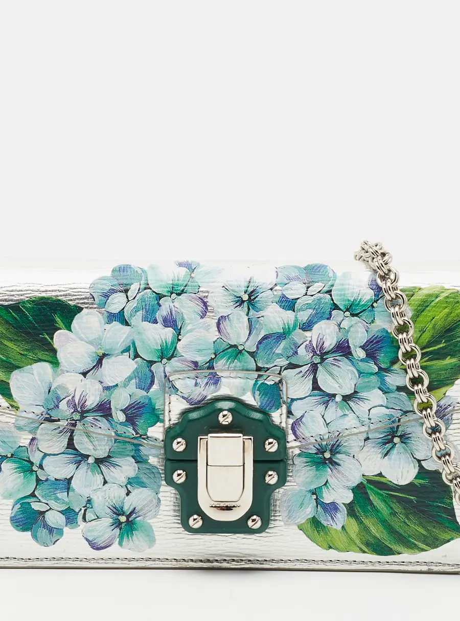 Dolce & Gabbana Lucia Silver Floral Print Leather Wallet on Chain