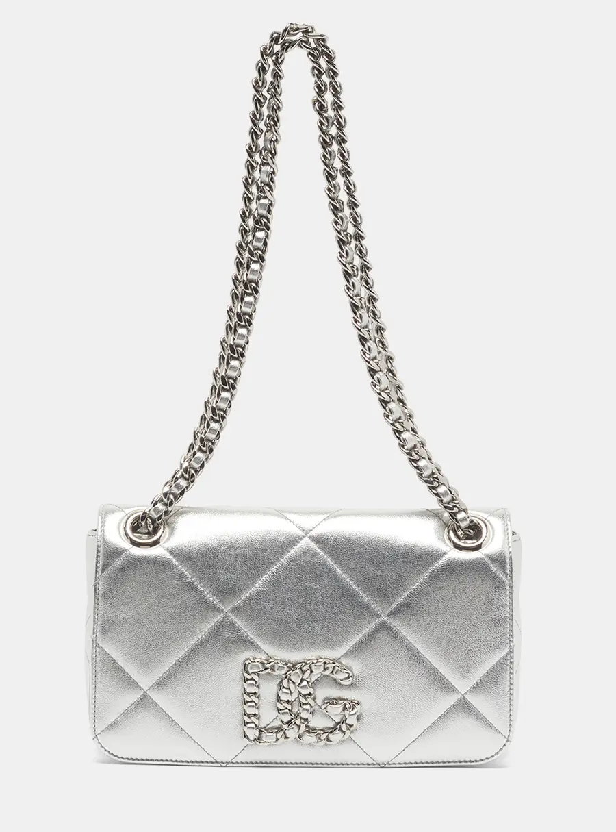 Dolce & Gabbana DG Logo Chain Silver Quilted Leather Shoulder Bag