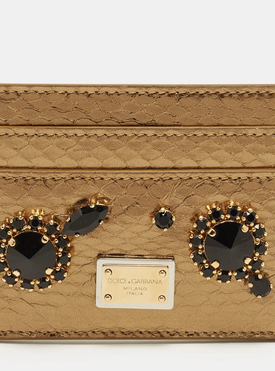 Dolce & Gabbana Crystal Embellished Gold Snakeskin Embossed Leather Card Holder
