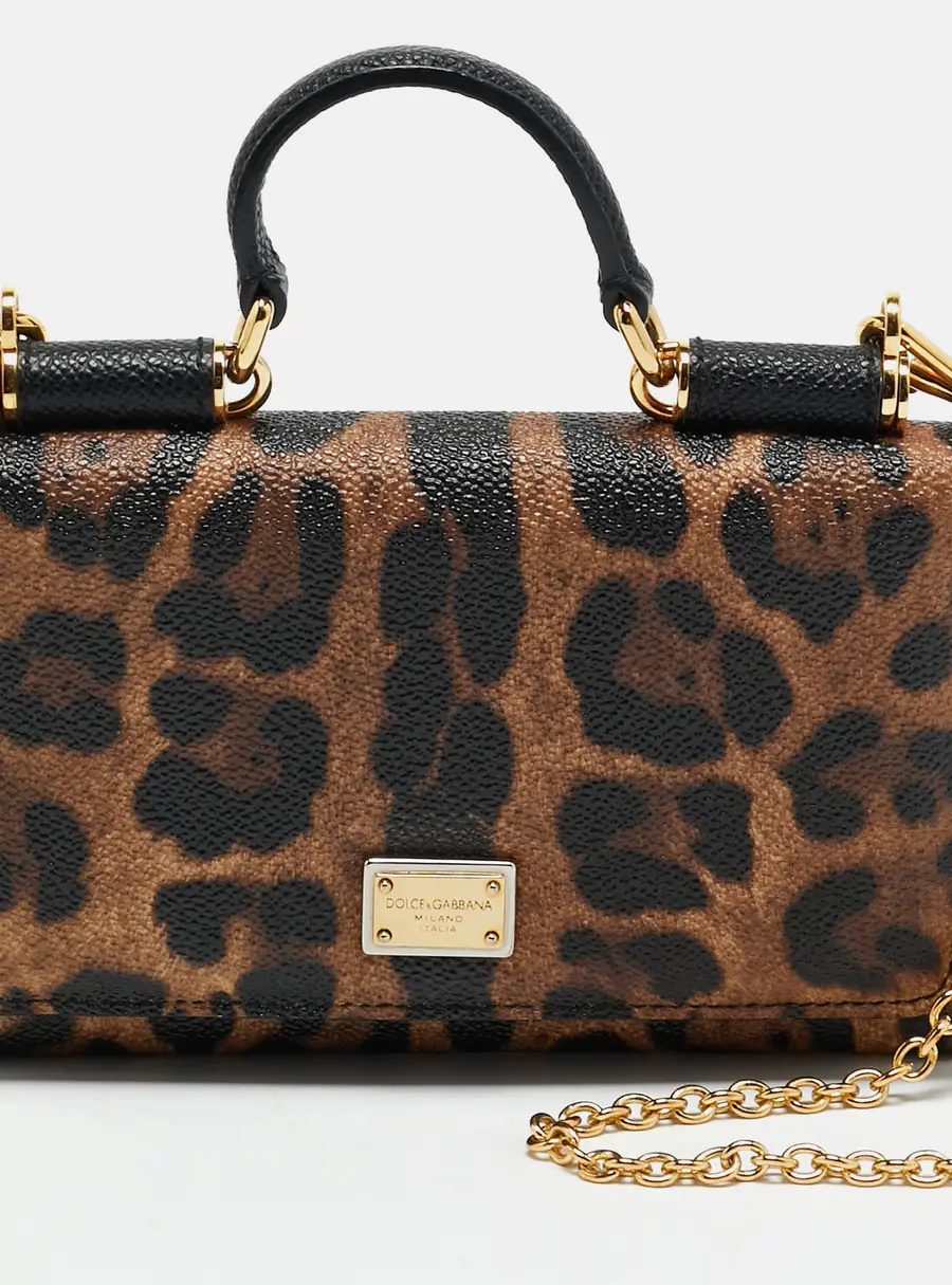 Dolce & Gabbana Miss Sicily Brown/Black Leopard Print Coated Canvas Wallet on Chain