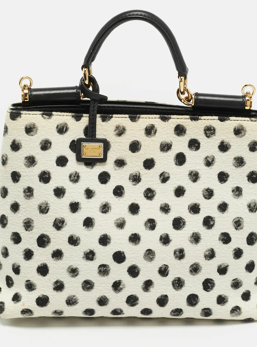 Dolce and Gabbana Miss Sicily White/Black Polka Dot Fabric Top Handle Bag