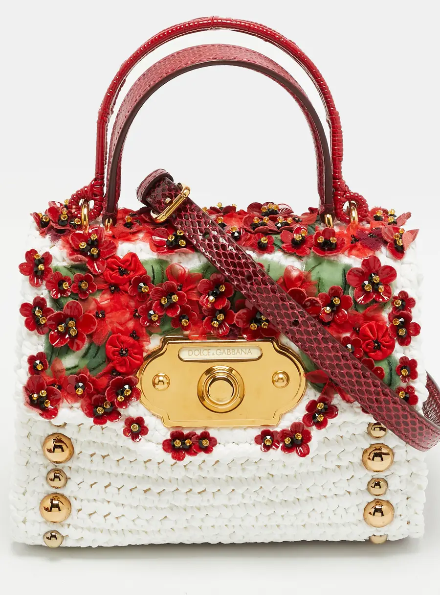 Dolce & Gabbana Floral Embellished Welcome Red/White Straw and Snakeskin Top Handle Bag