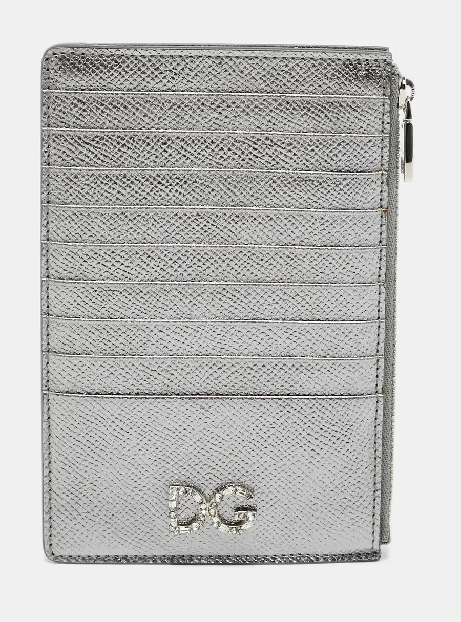 Dolce & Gabbana DG Crystal Logo Silver Leather Zip Card Case