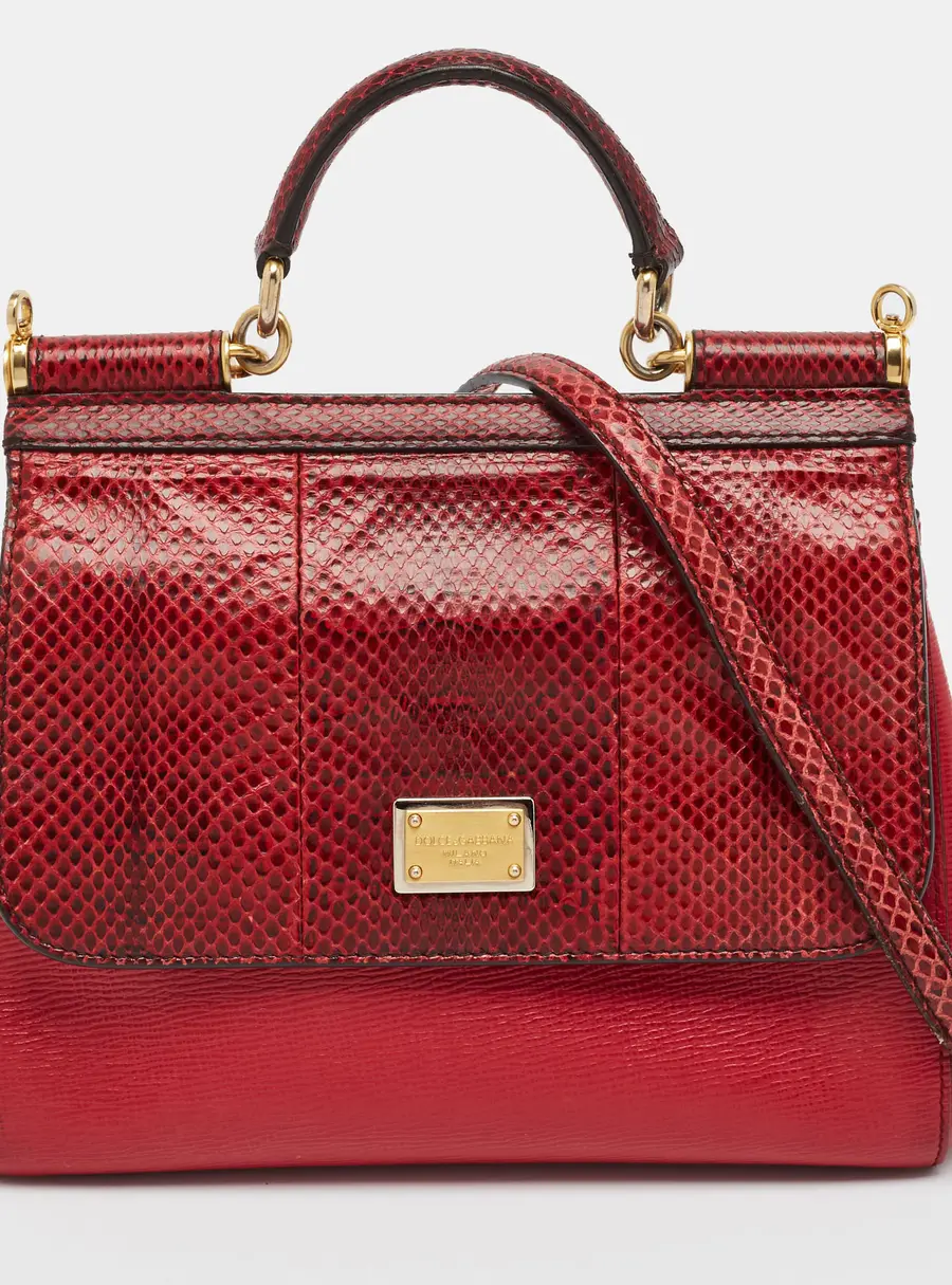 Dolce & Gabbana Miss Sicily Medium Red Snakeskin and Leather Top Handle Bag