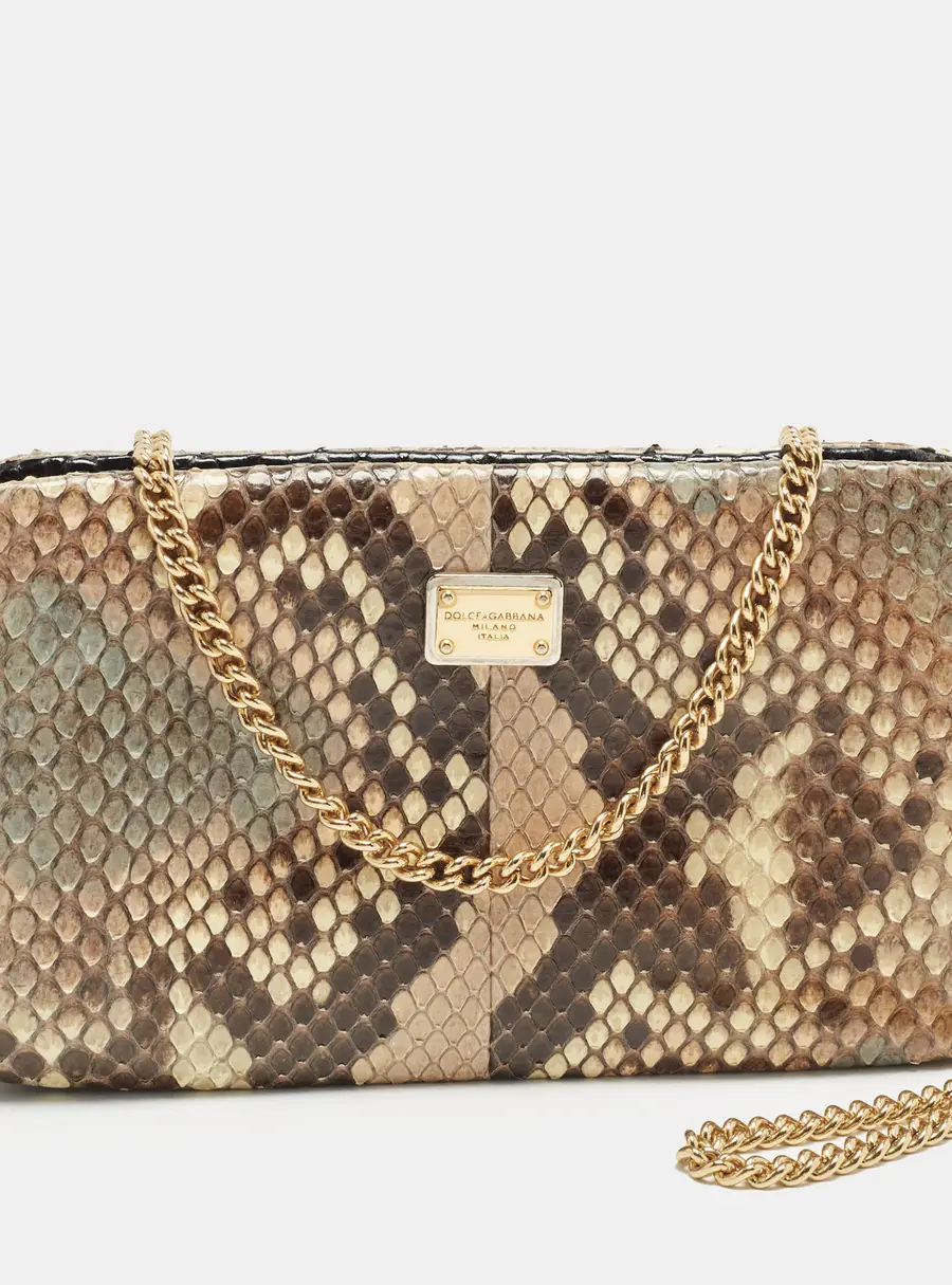 Dolce & Gabbana Kiss Lock Beige/Multicolor Python Frame Chain Clutch