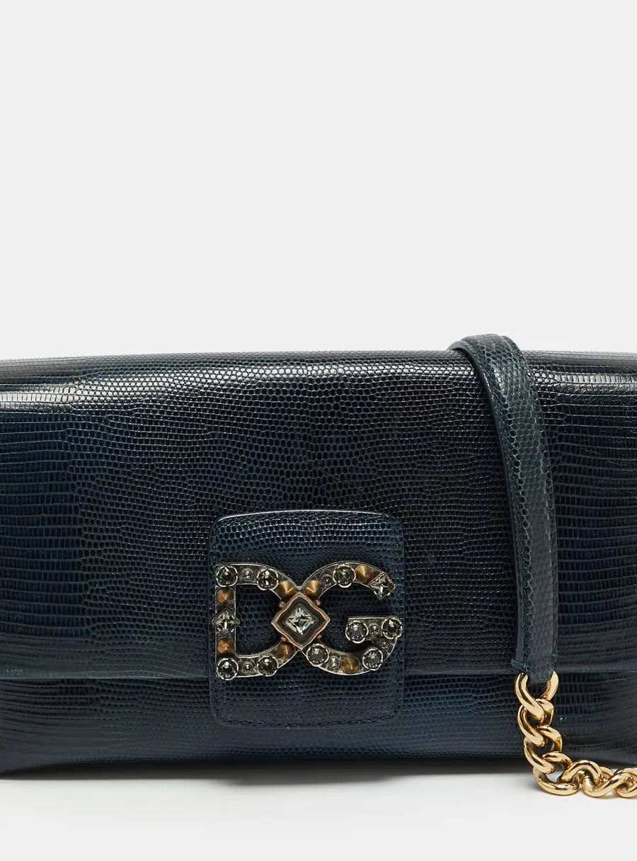 Dolce & Gabbana DG Millennials Navy Blue Lizard Embossed Leather Shoulder Bag