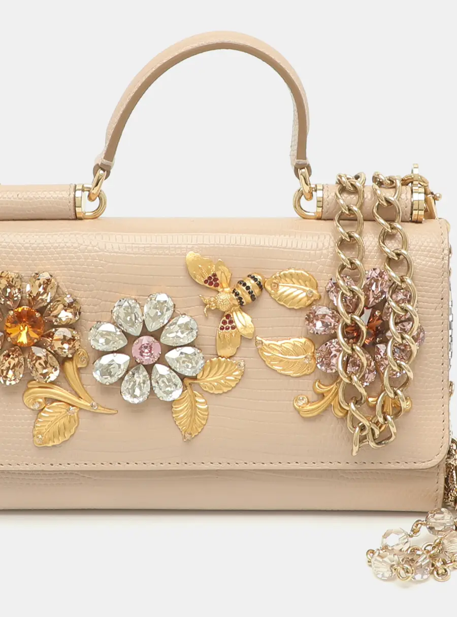 Dolce & Gabbana Sicily Von Crystals Beige Lizard Embossed Leather Smartphone Bag