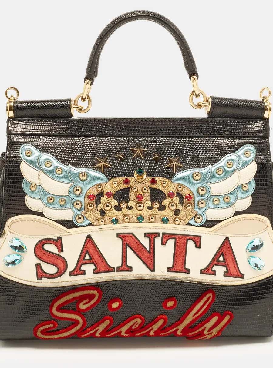 Dolce & Gabbana Sicily Black Medium Lizard Embossed Leather Top Handle Bag