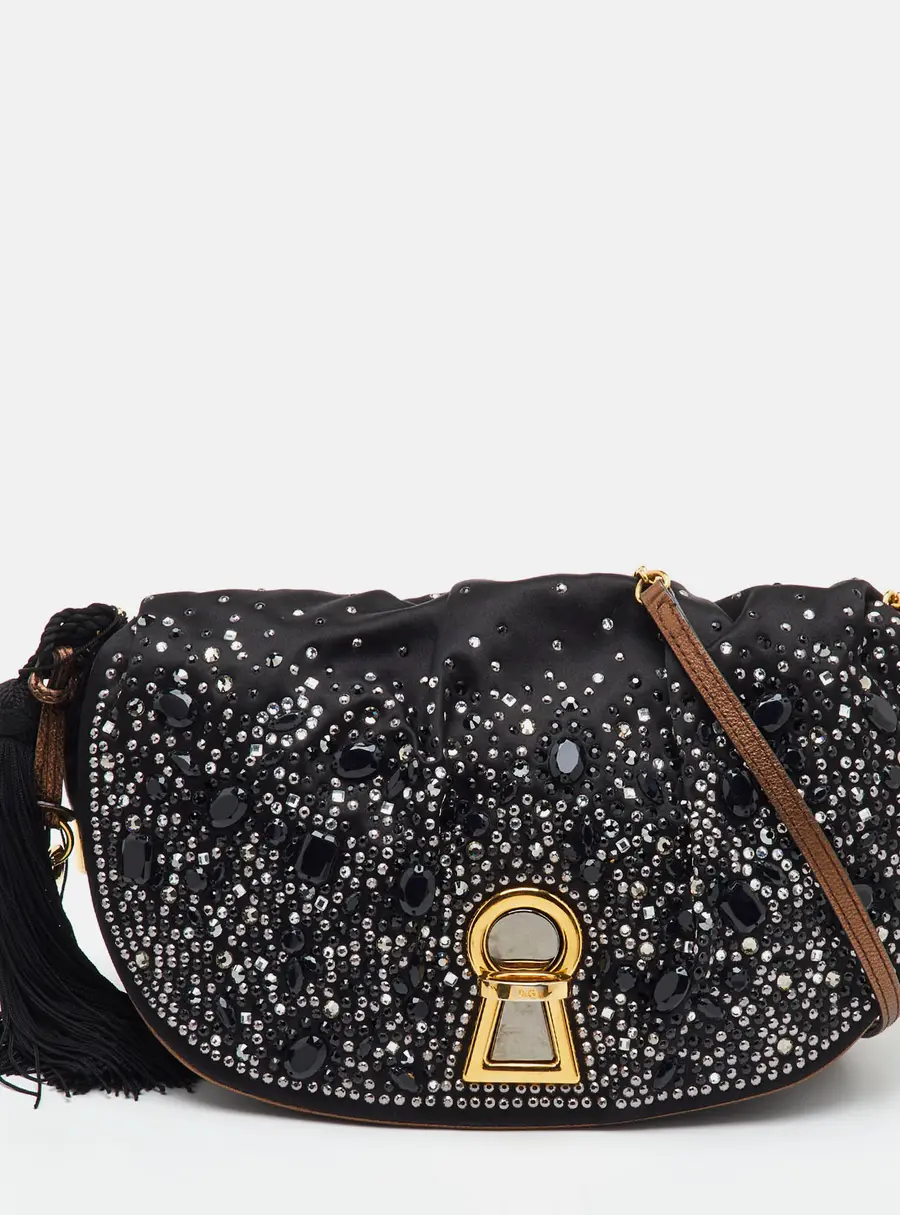 Dolce & Gabbana Vlada Black Satin Crystal Embellished Flap Shoulder Bag