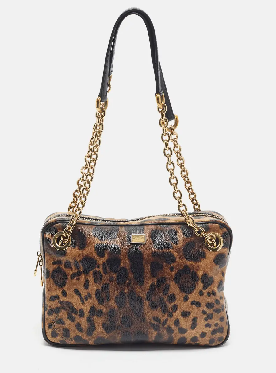Dolce & Gabbana Leopard Print Brown/Black Coated Canvas Camera Bag