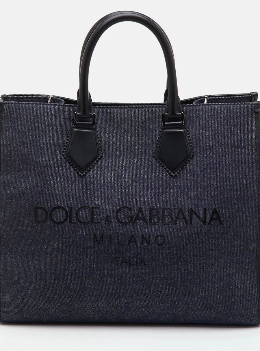 Dolce & Gabbana Edge Large Black/Navy Blue Denim and Leather Logo Print Tote