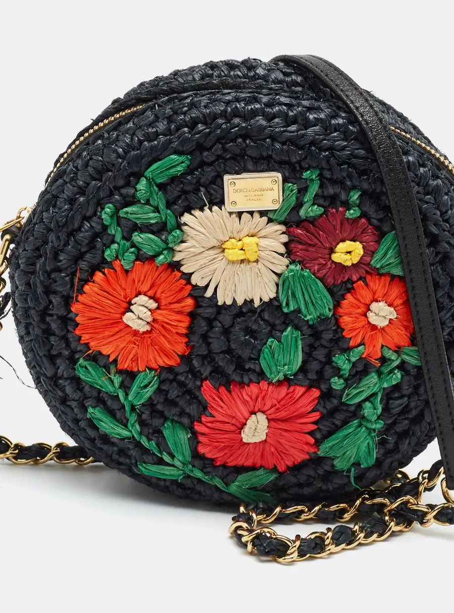 Dolce & Gabbana Miss Glam Floral Raffia Round Shoulder Bag