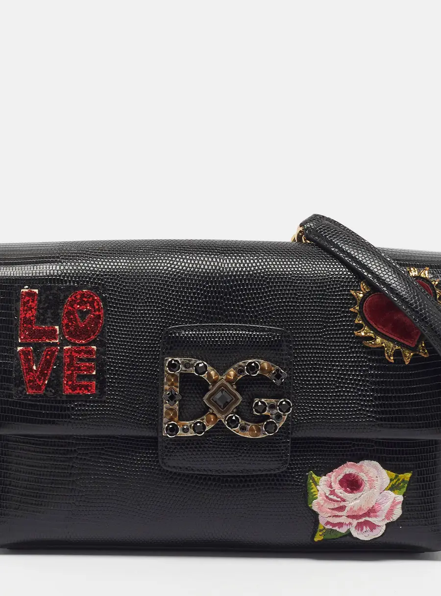 Dolce & Gabbana DG Millennials Patch Embellished Black Lizard Embossed Leather Shoulder Bag