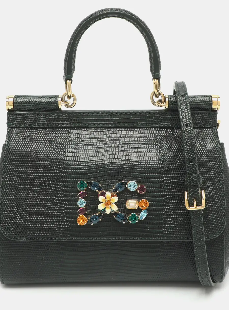 Dolce & Gabbana Miss Sicily Small Green Lizard Embossed Leather Top Handle Bag