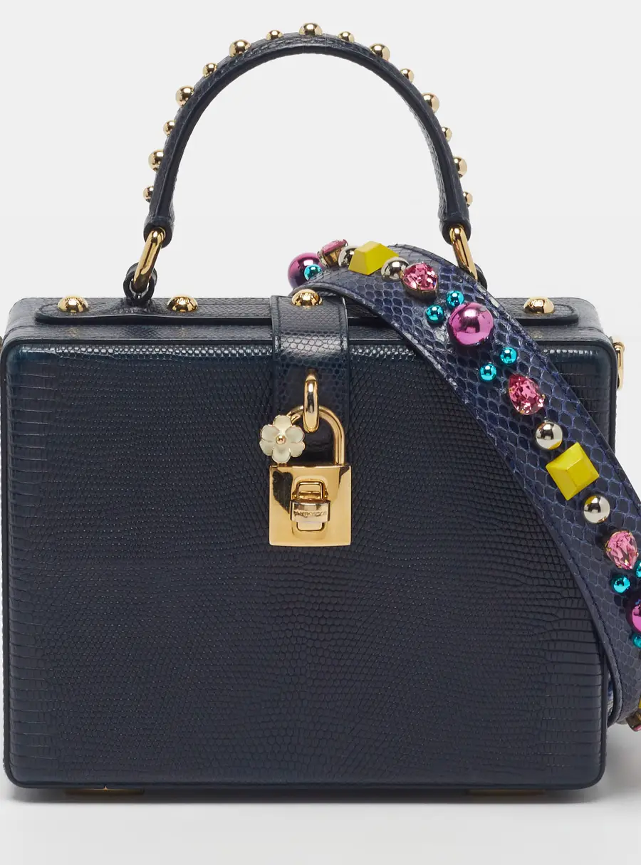 Dolce & Gabbana Studded Rosaria Box Navy Blue Lizard Embossed Leather Top Handle Bag