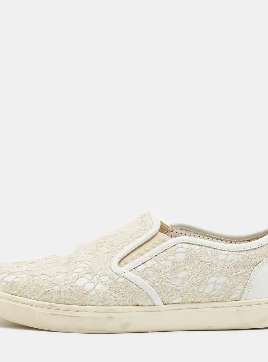 Dolce & Gabbana Size 37 White/Beige Lace and Leather Slip On Sneakers