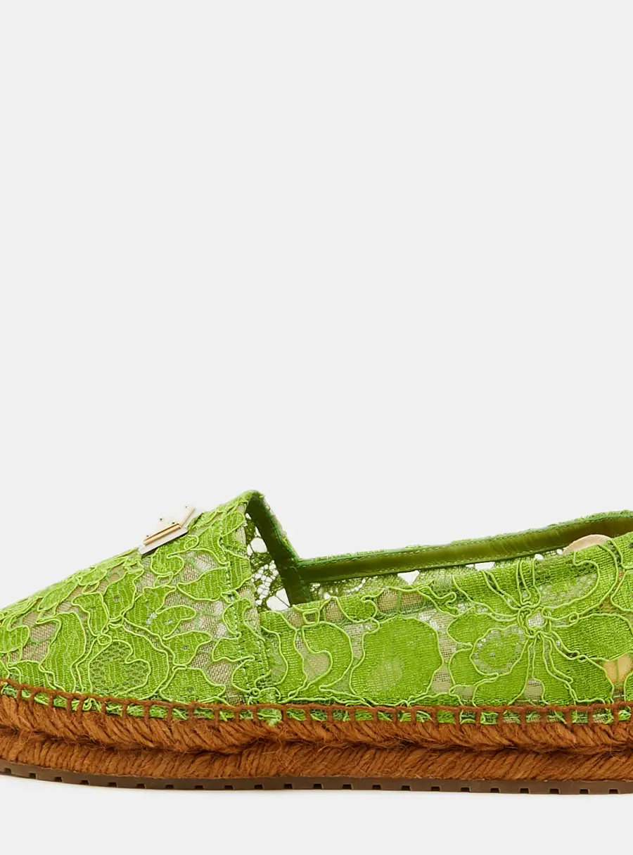Dolce & Gabbana Size 37 Green Lace and Mesh Logo-plaque Espadrille Loafers