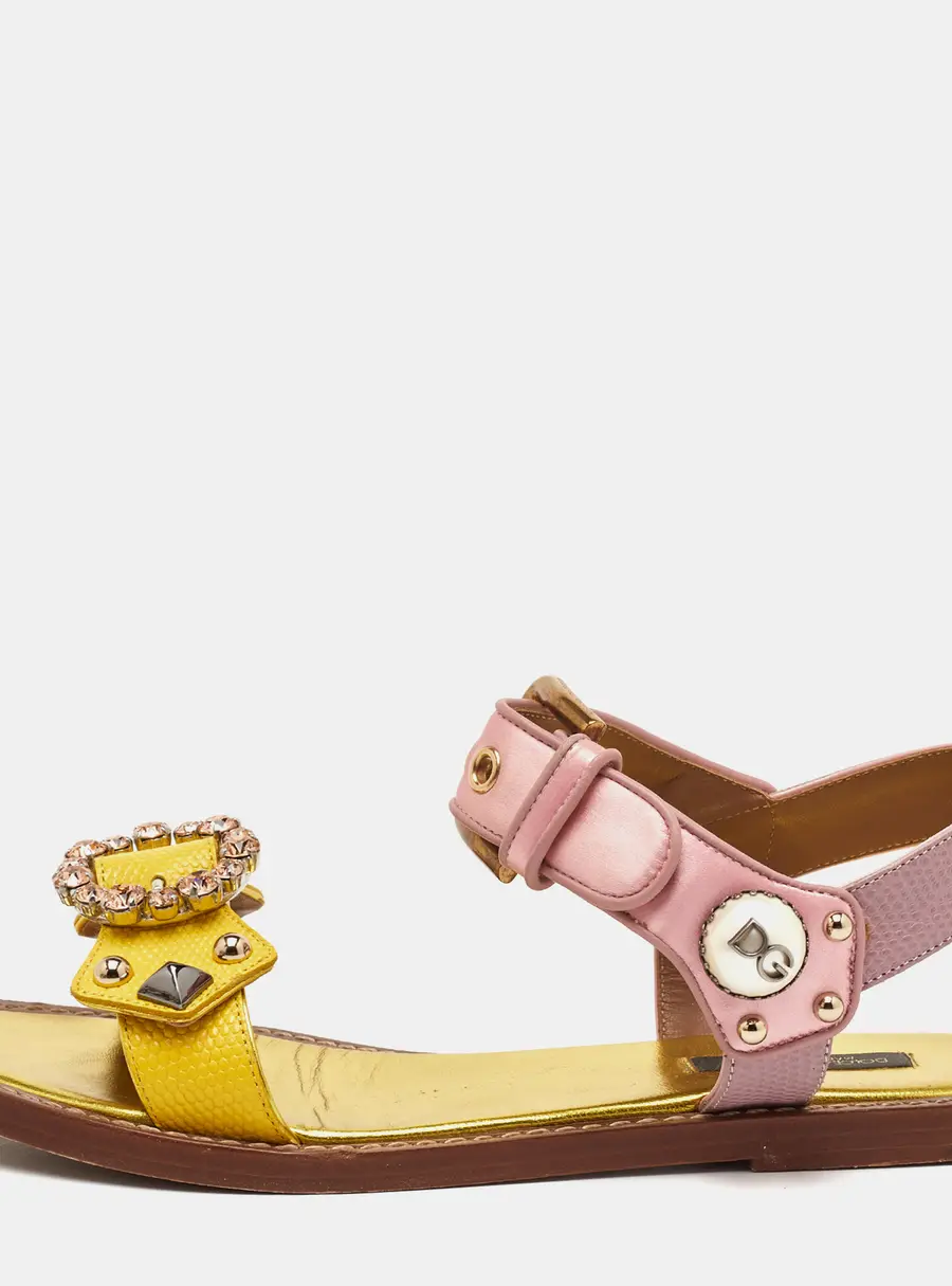 Dolce & Gabbana Pink/Yellow Lizard Embossed Leather and Satin Ankle Strap Sandals