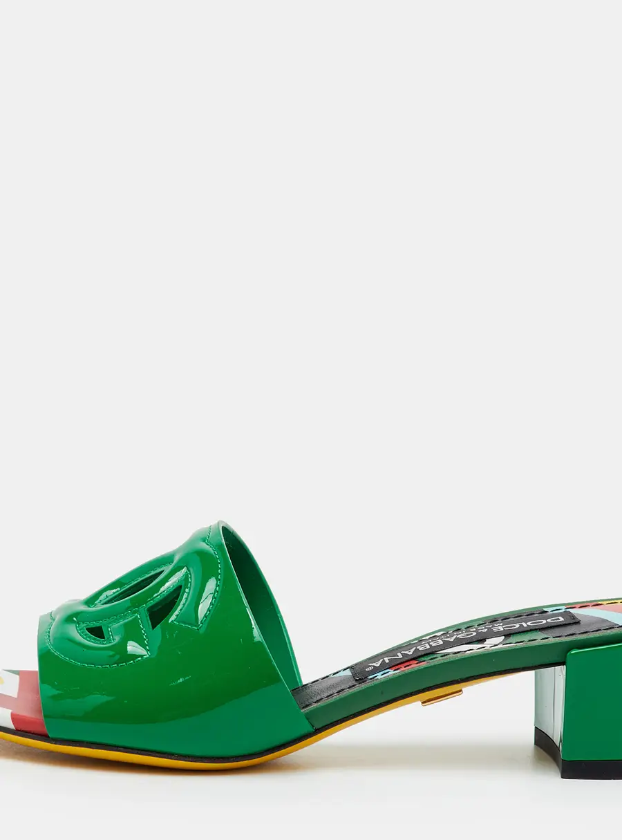 Dolce & Gabbana Cut Out DG Logo Size 36 Green Patent Leather Slide Sandals