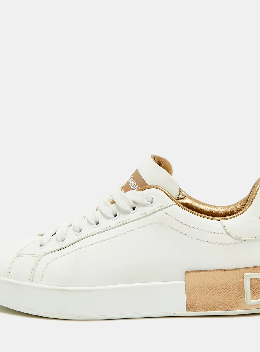 Dolce & Gabbana Portofino Size 38 White/Metallic Gold Leather Low Top Sneakers