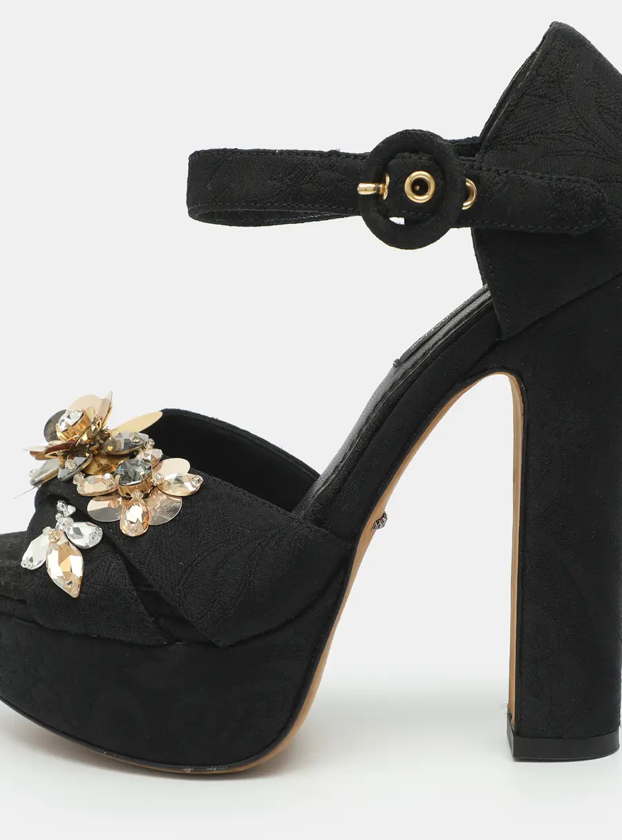 Dolce & Gabbana Size 35 Black Floral Fabric Embellished Platform Ankle Strap Sandals
