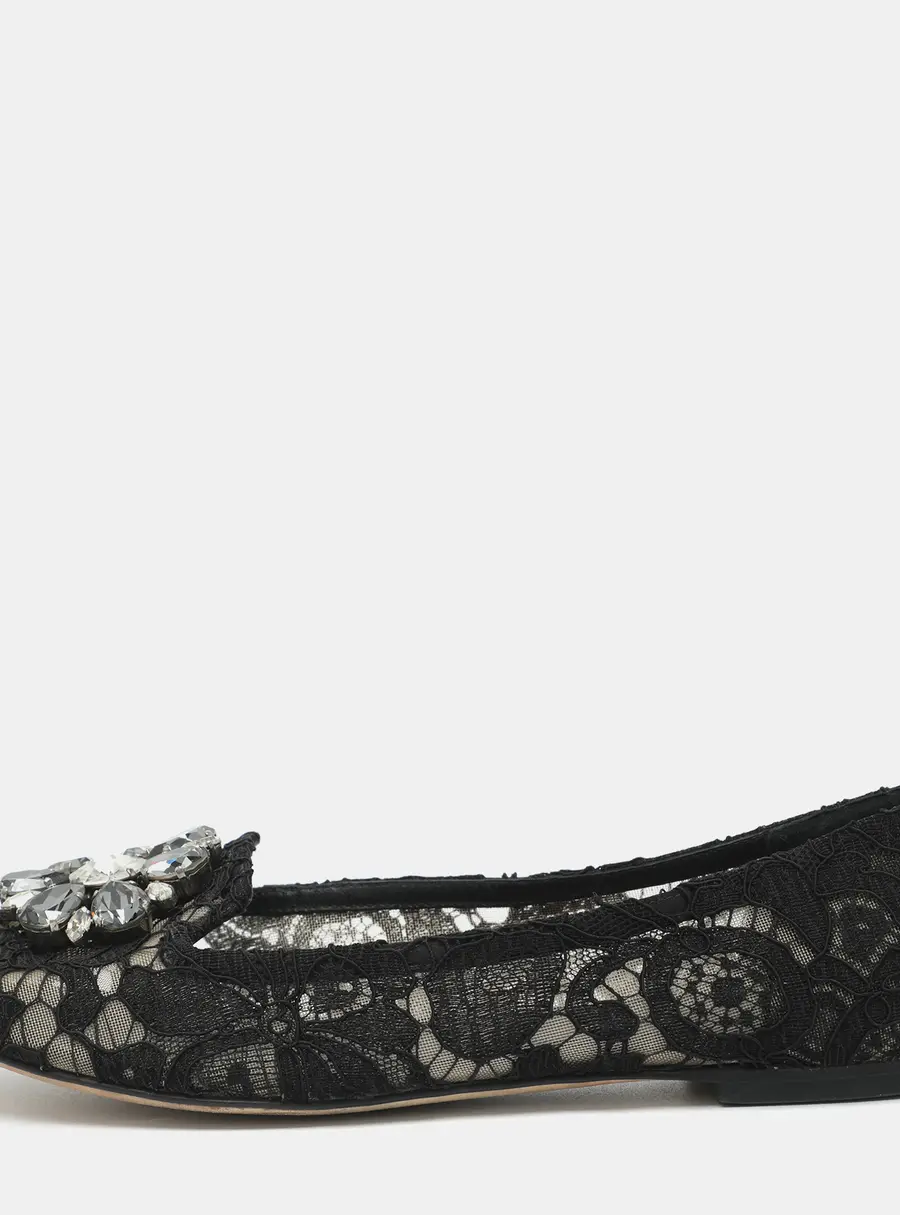 Dolce & Gabbana Taormina Size 38 Black Lace Crystal Embellished Ballet Flats