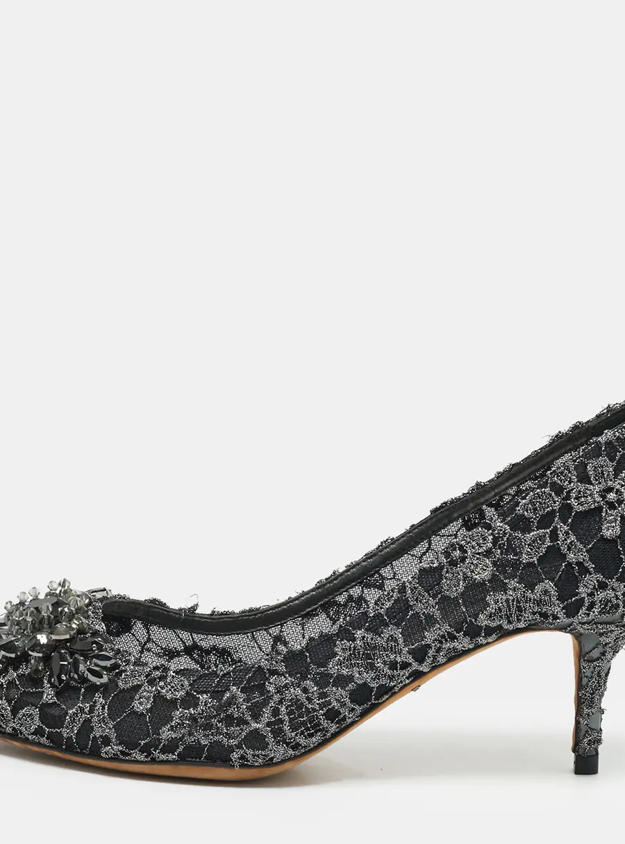 Dolce & Gabbana Taormina Size 40 Black/Silver Lace and Mesh Crystal Embellished Pumps