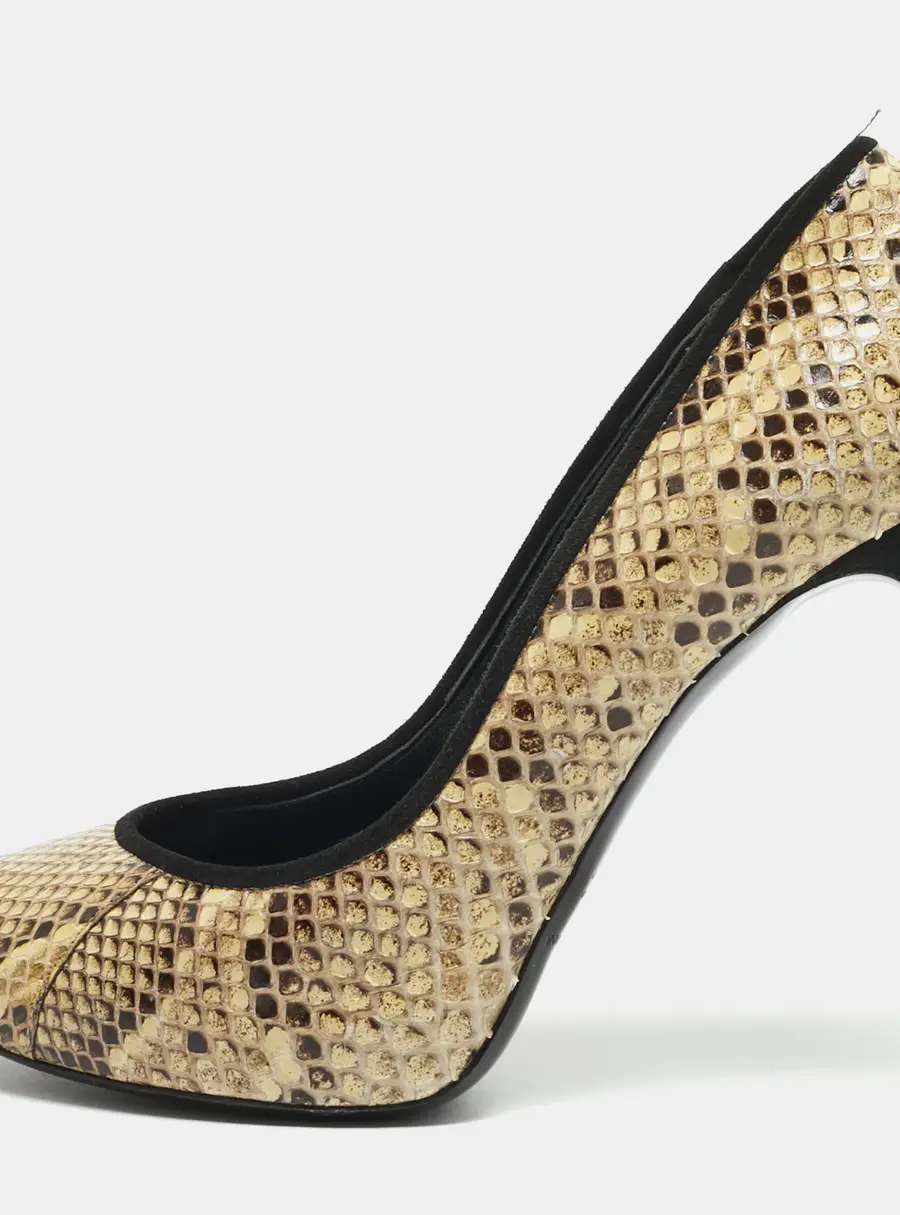 Dolce & Gabbana Size 37.5 Cream/Brown Python Leather and Suede Pumps