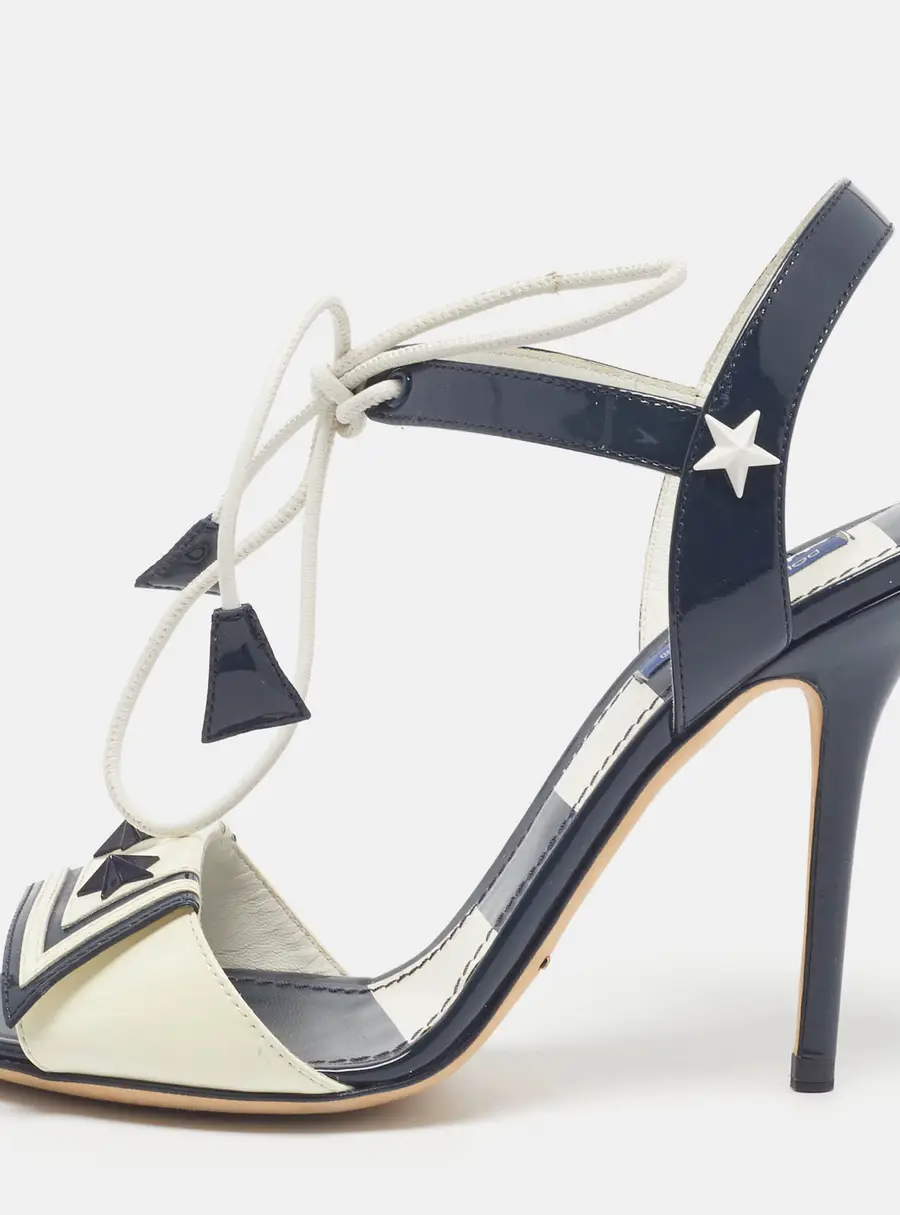 Dolce & Gabbana Size 37.5 Navy Blue/White Patent Leather Ankle Strap Sandals