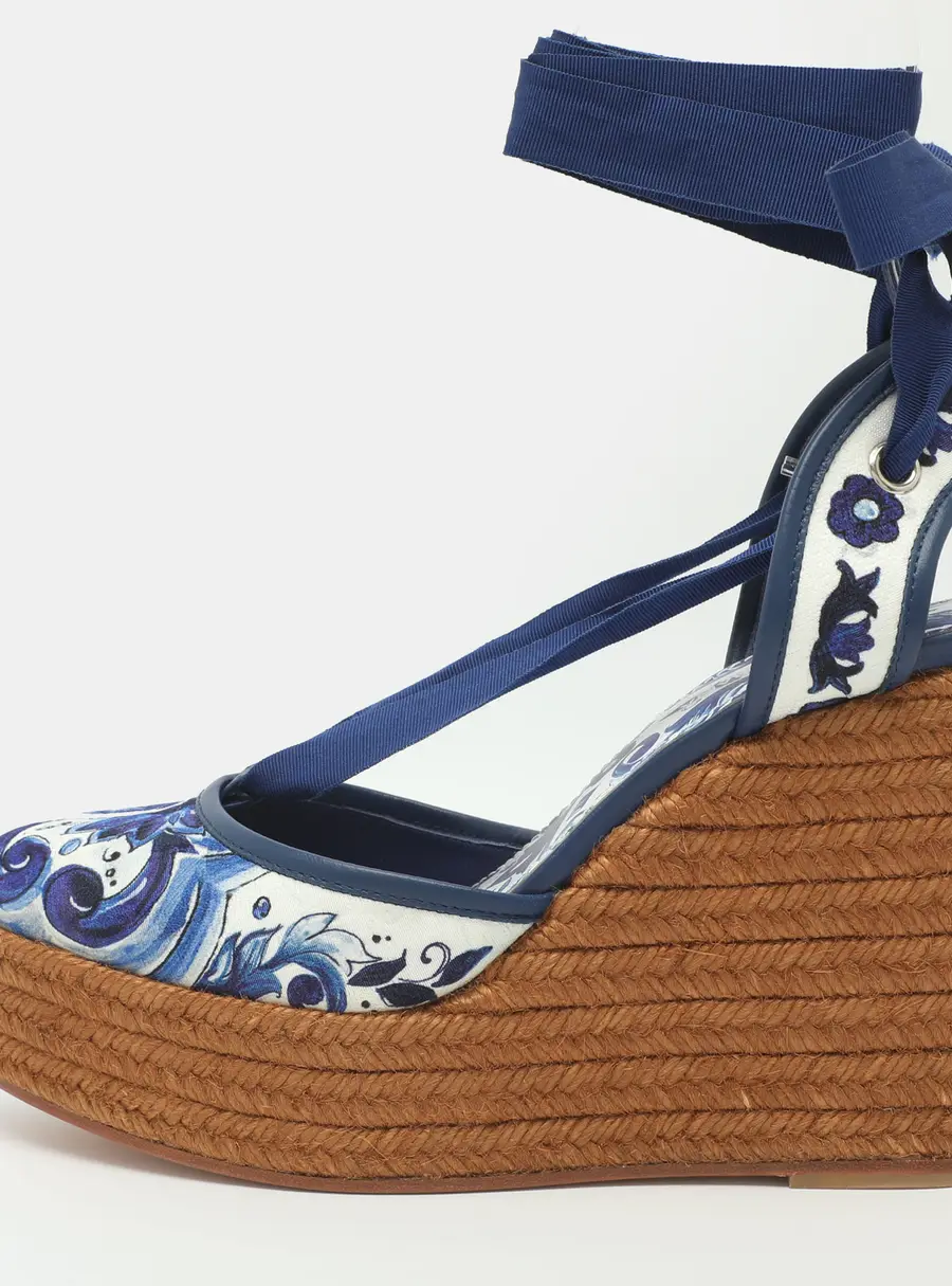 Dolce & Gabbana Size 40 Blue Majolica Printed Jacquard and Leather Espadrille Wedge Sandals