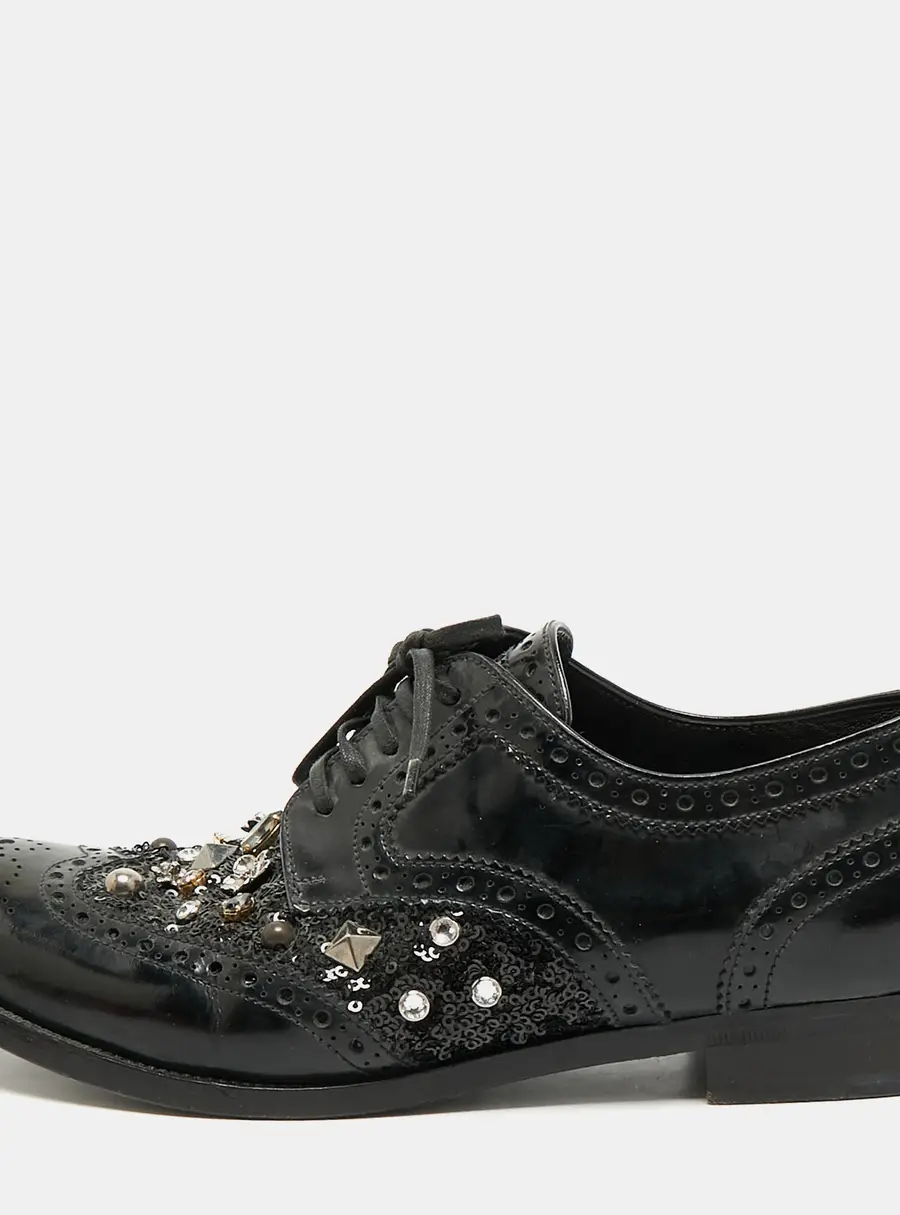 Dolce & Gabbana Size 39.5 Black Leather and Sequins Studded Brogue Lace Up Derby